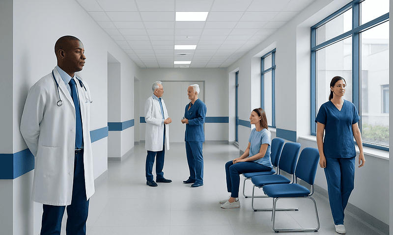 Medical staff and patients in a hospital corridor at Acibadem Hospitals Group.