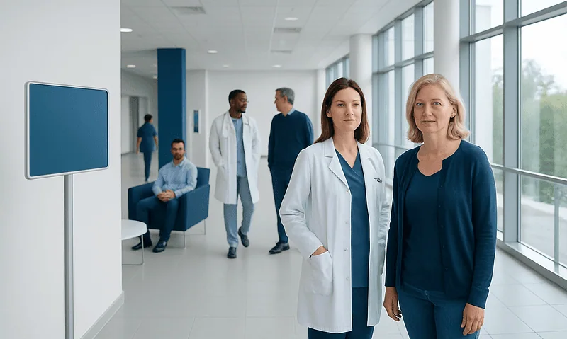Medical professionals in a modern hospital corridor with large windows.