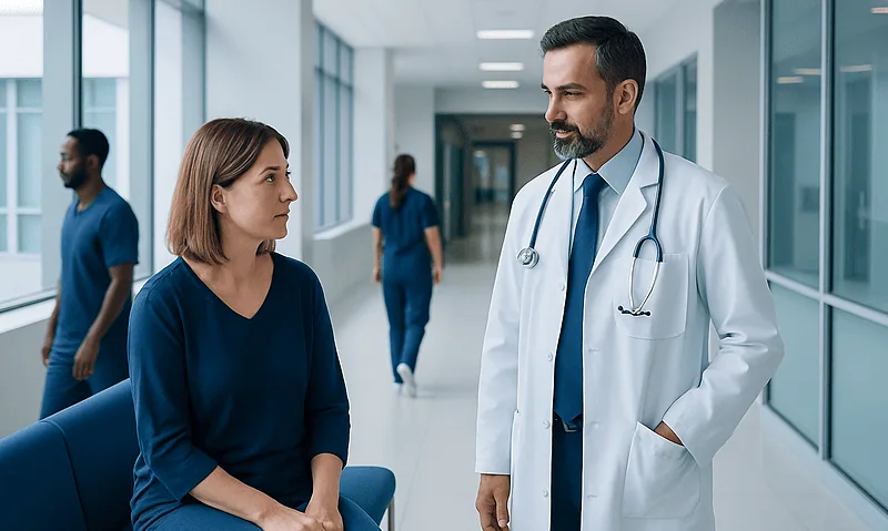 Doctor consulting with a patient in a modern hospital corridor.