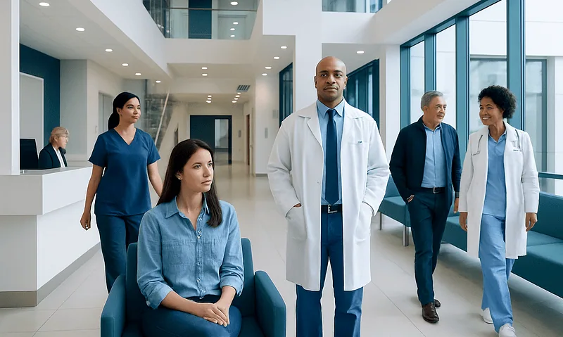 Diverse medical team in modern hospital lobby with large windows.