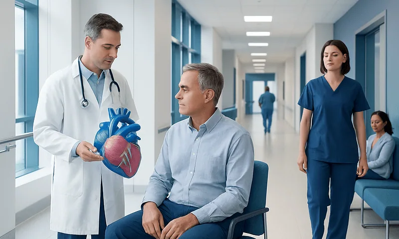 Doctor explaining heart anatomy to patient in hospital corridor.