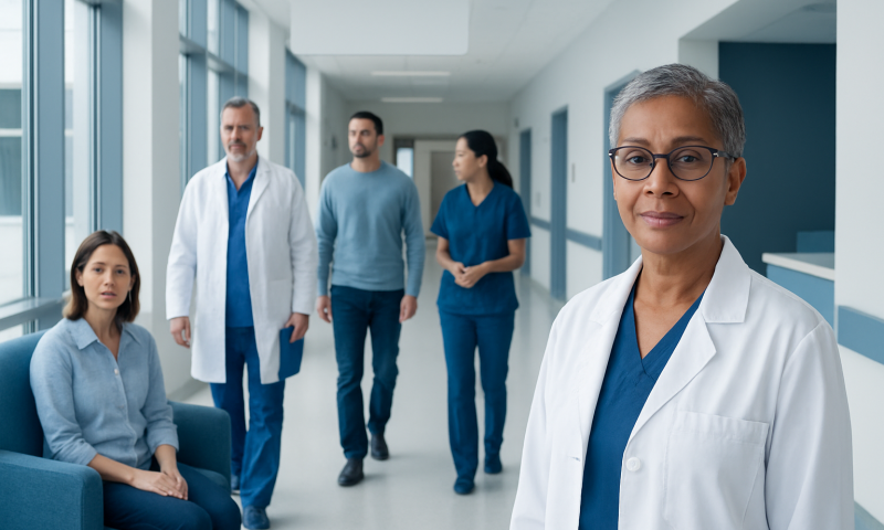 Diverse medical team in hospital corridor with senior doctor in foreground.