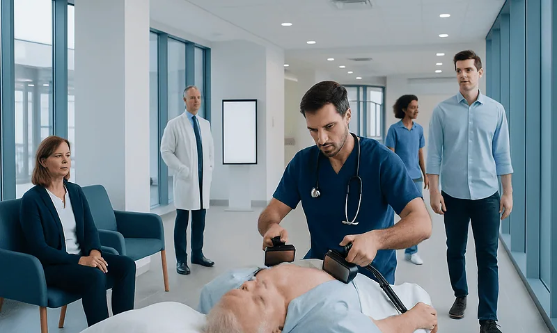 Medical team preparing a patient for cardioversion procedure in hospital.