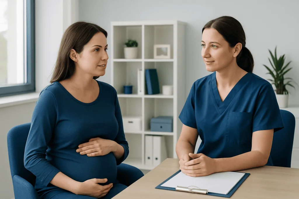 Pregnant woman consulting with a midwife in a medical office.