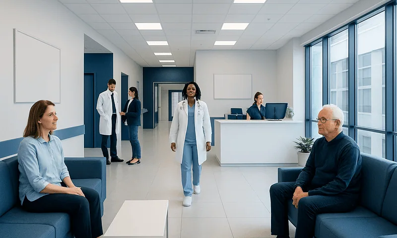 Modern hospital waiting area with patients and medical staff.