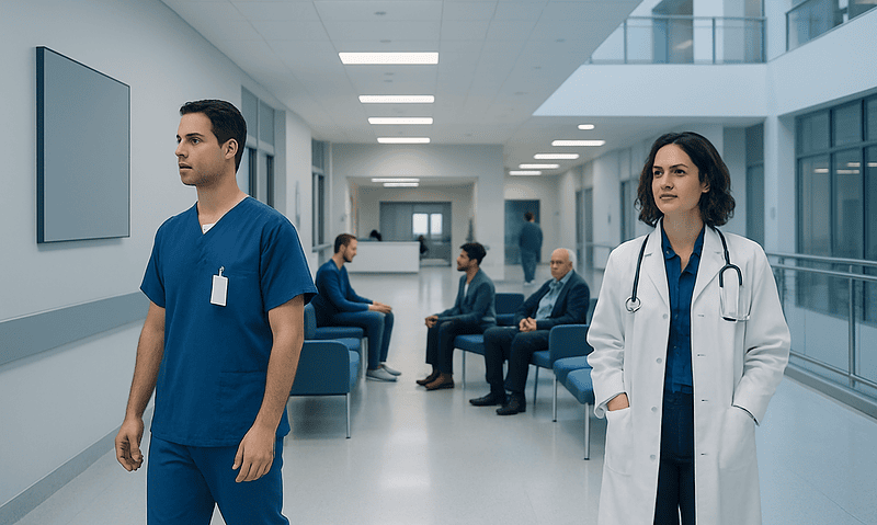 Healthcare professionals and patients in a modern hospital corridor.