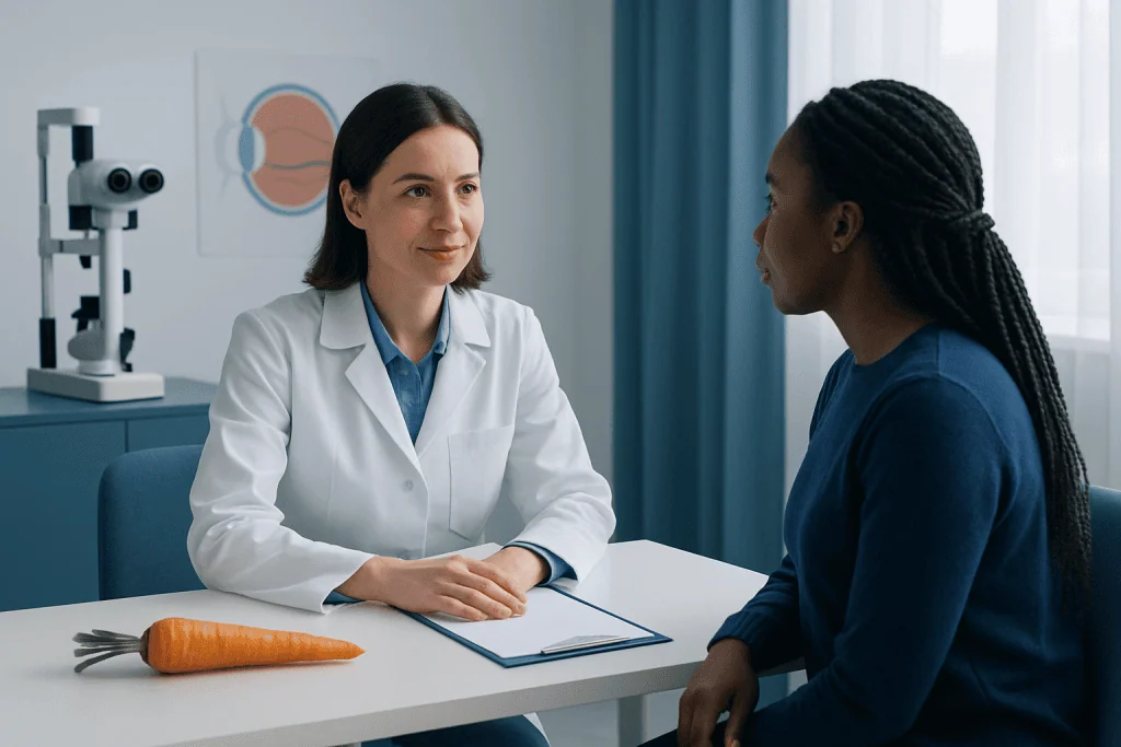 Doctor consulting a patient in a medical office with eye health poster.
