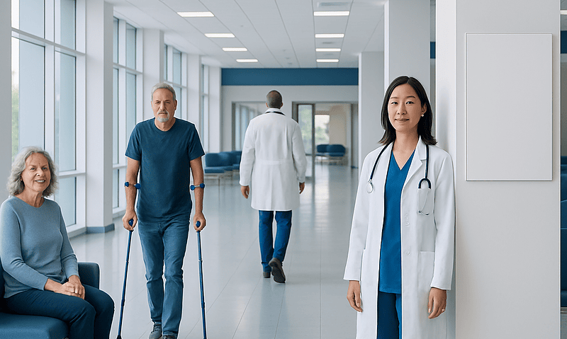 Medical professionals and patient in a modern hospital corridor.