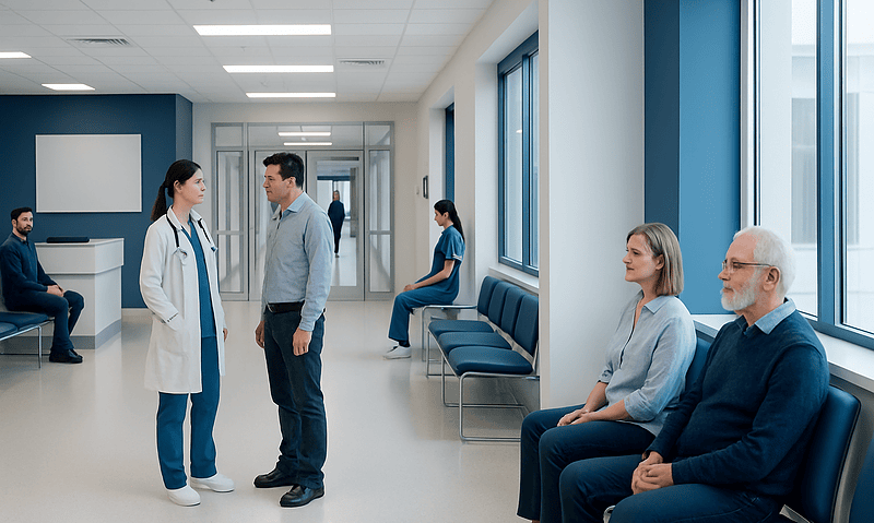 Medical consultation in a modern hospital corridor with patients and staff.