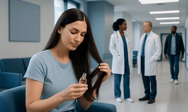 Young woman applying castor oil for hair treatment in a hospital setting.