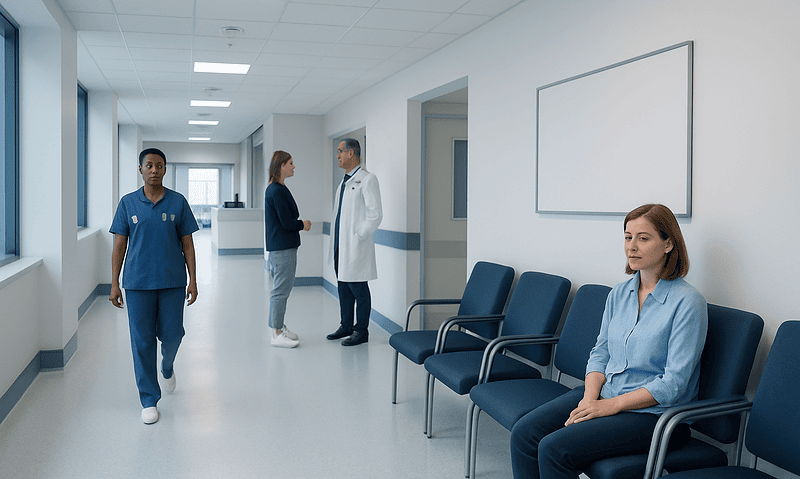 Hospital corridor with medical staff and patient waiting area.