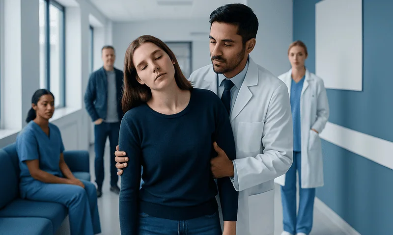 Doctor comforting a young woman in a hospital corridor with medical staff nearby.