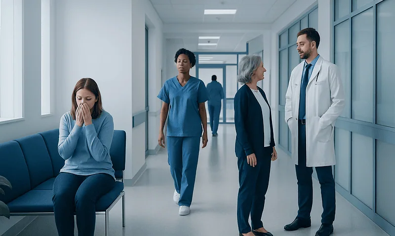 Patient with nasal congestion in hospital corridor with medical staff nearby.