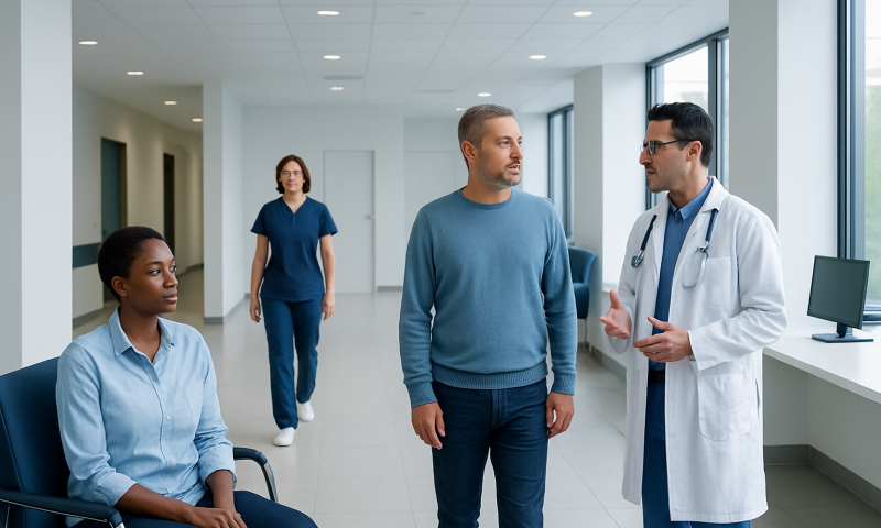 Doctor consulting with male patient in hospital corridor with two staff members in background.