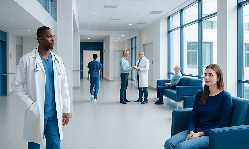 Modern hospital corridor with doctors and patients in a healthcare setting.