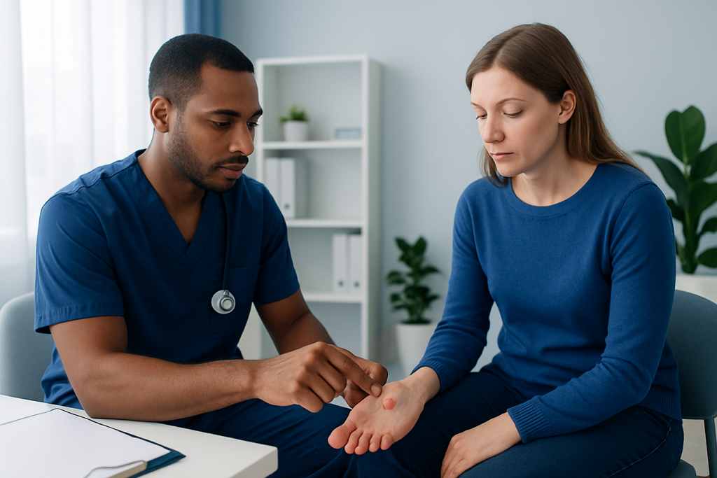 Doctor examining patient's hand for blister symptoms at Acibadem Hospital.
