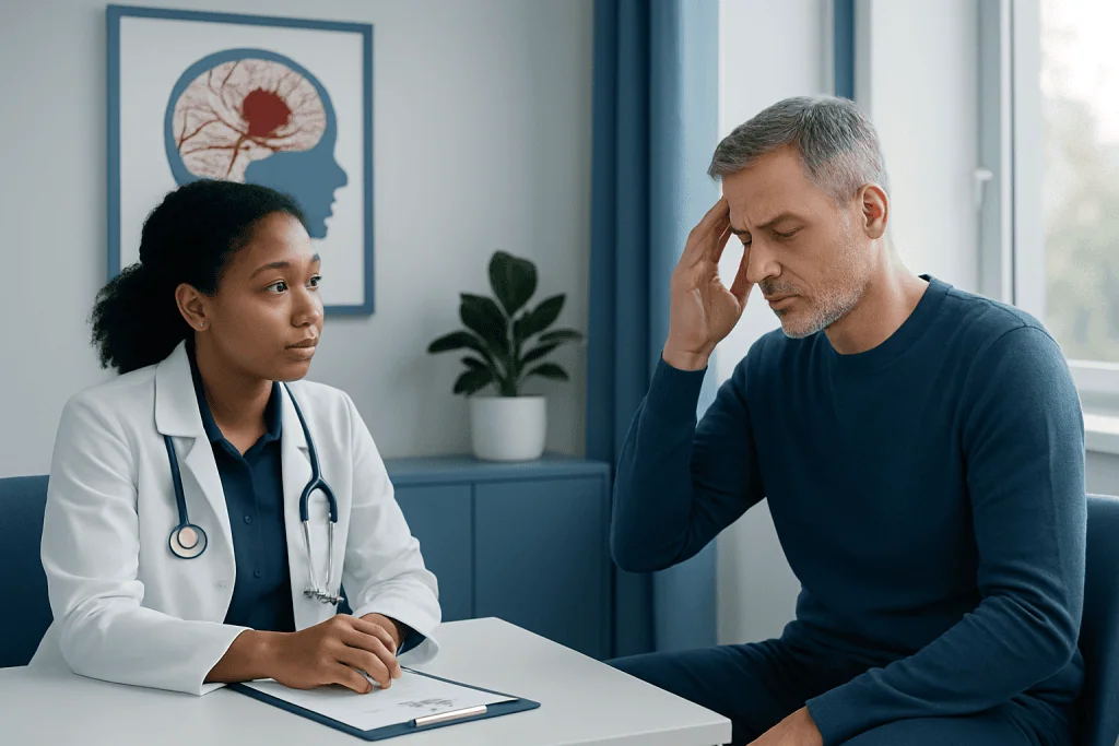 Doctor consulting with a patient about brain health and stroke symptoms.