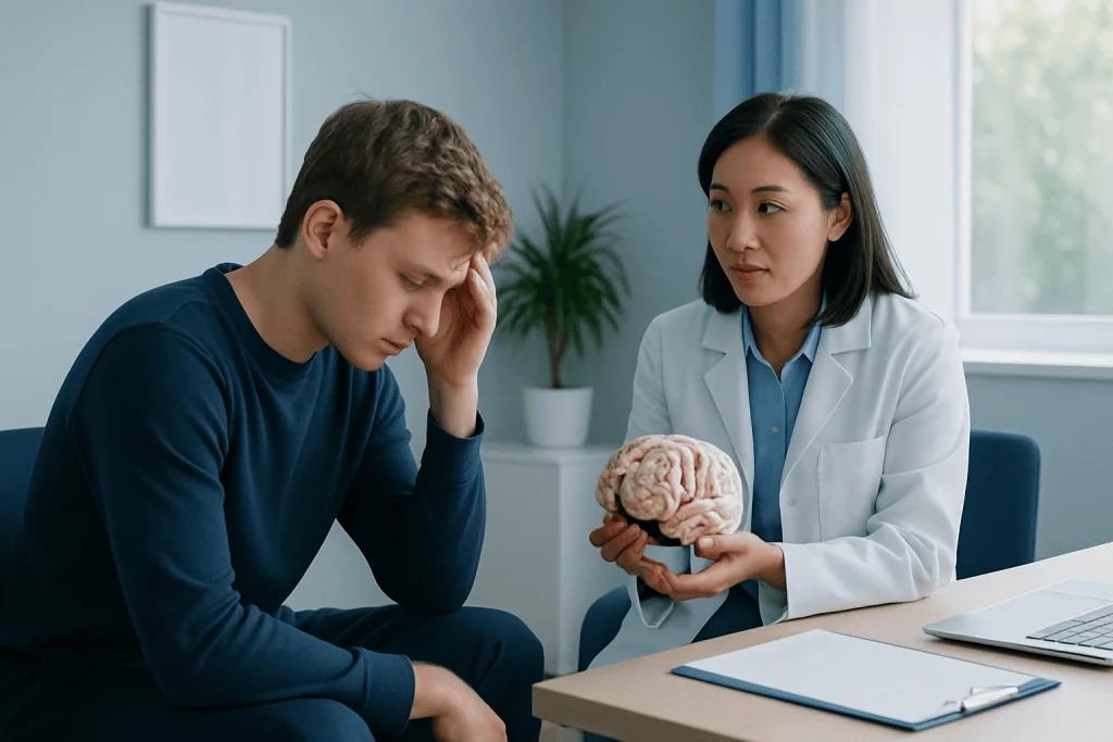 Doctor explaining brain health to a young man with headache symptoms.
