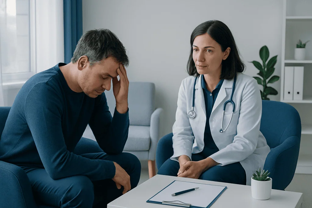 Doctor consulting with a patient experiencing emotional distress in a medical office.