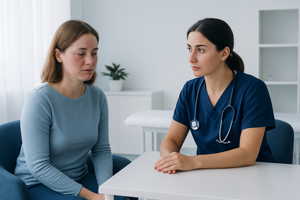 Doctor consulting with a patient about facial allergic reactions in a clinical setting.