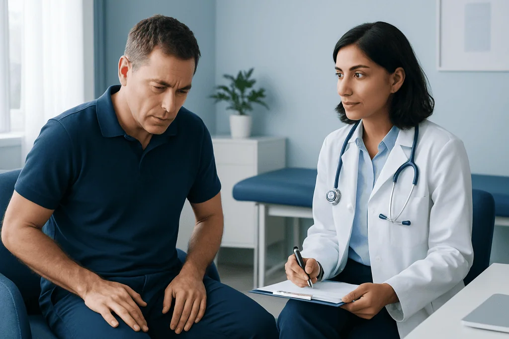 Doctor consulting male patient about groin pain in a clinical setting.