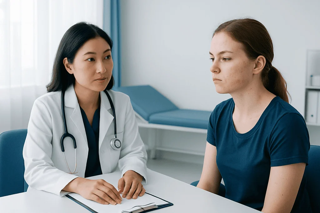 Doctor consulting with a young female patient in a medical office.