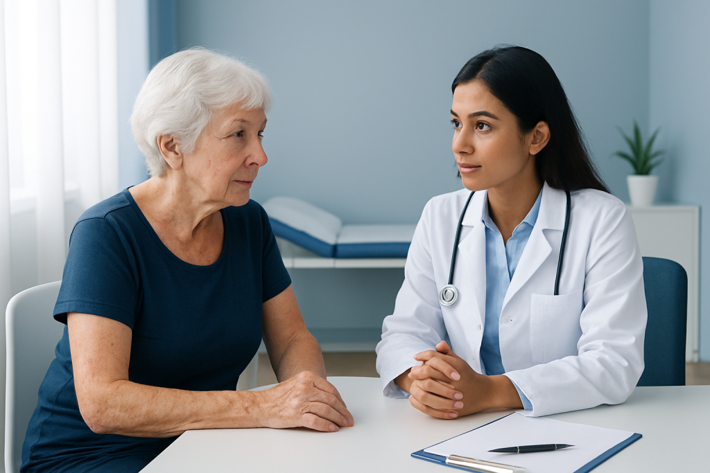Doctor consulting elderly woman in a medical office setting.