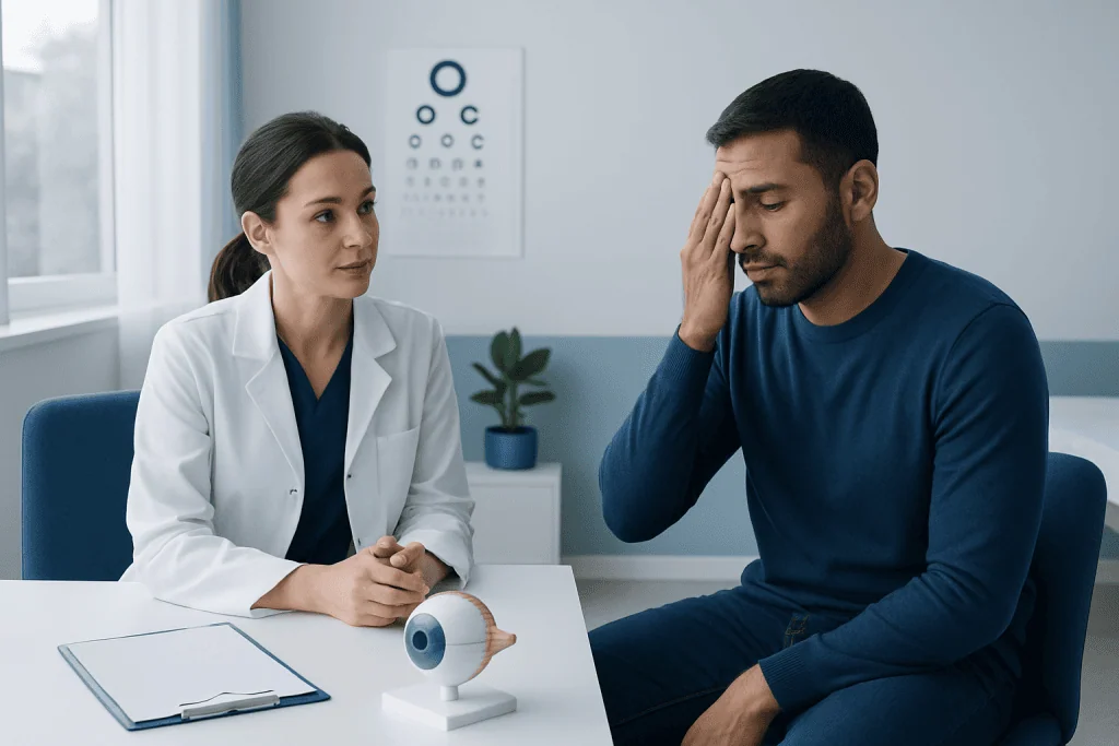 Patient experiencing eye discomfort during consultation at Acibadem Hospital.