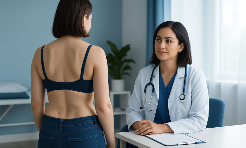 Doctor consulting with a patient about back health in a medical office.