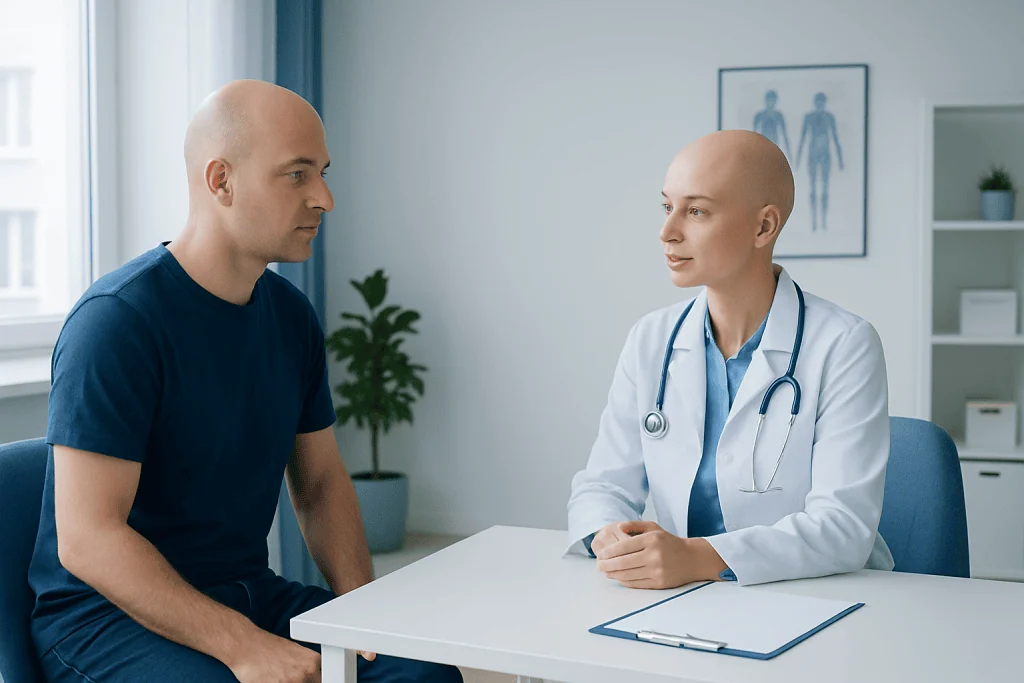 Doctor consulting with a bald male patient in a medical office.