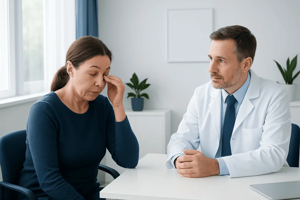 Doctor consulting with a woman patient about eye health issues.