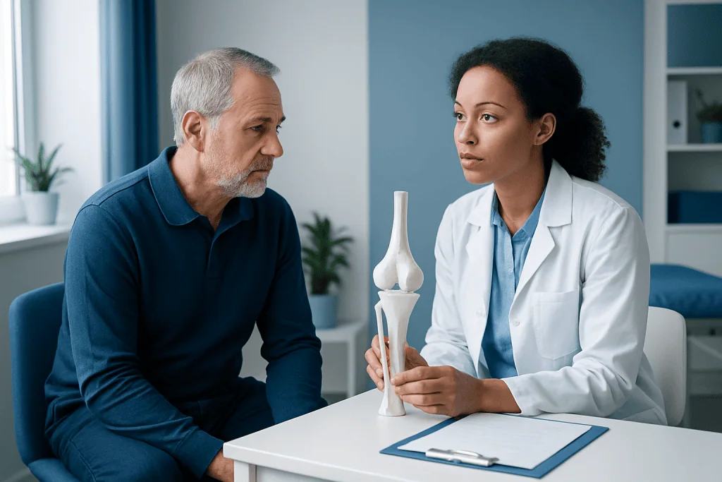 Doctor explaining bone spurs to an elderly patient in a medical consultation.