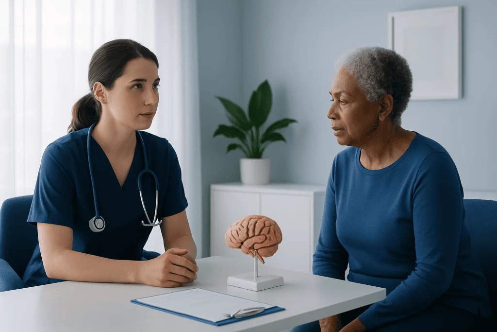Doctor discussing brain health with elderly patient in consultation room.