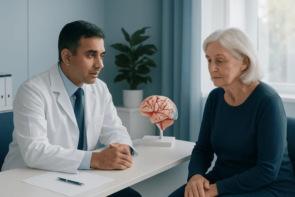 Doctor consulting elderly woman about brain health with model of brain.