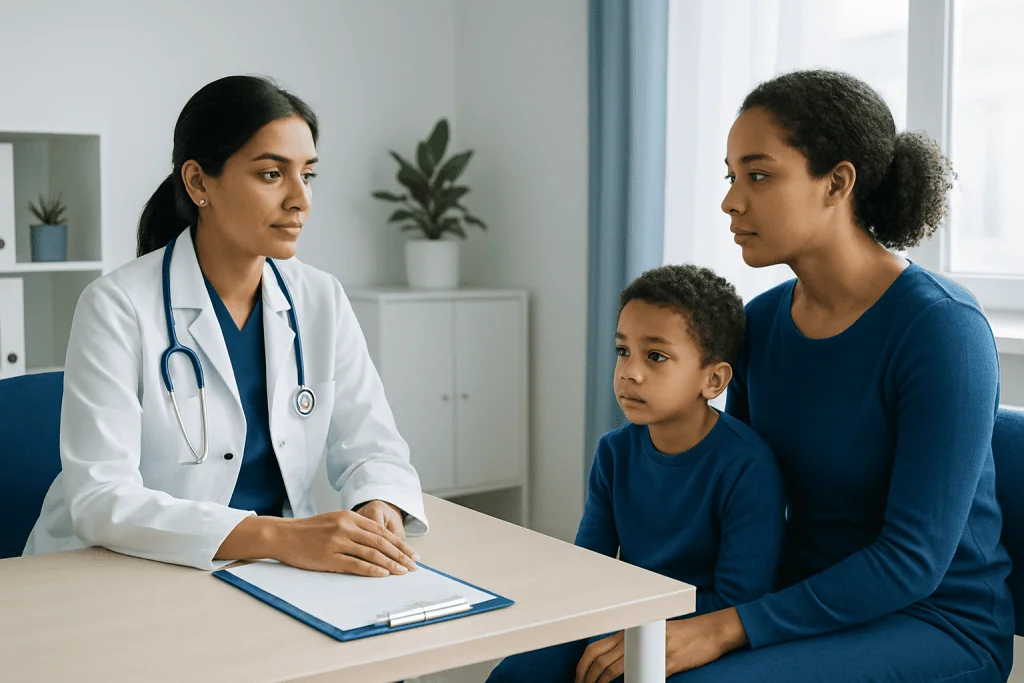 Doctor consulting with a mother and child in a medical office.