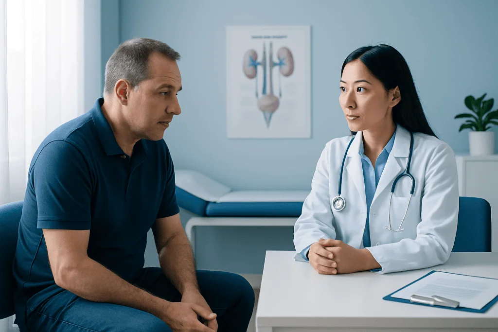 Doctor consulting male patient in a medical office with anatomy chart in background.