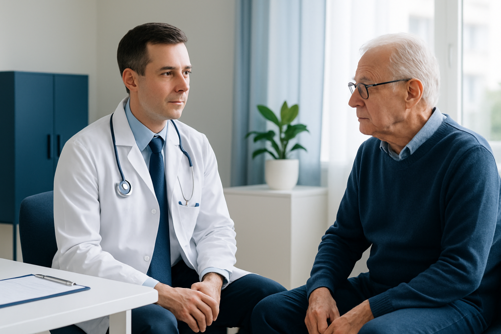 Doctor consulting with elderly patient about health concerns in a clinic.