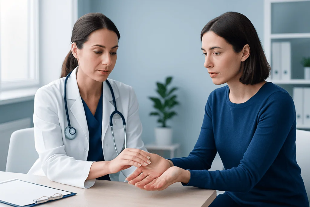 Doctor examining a patient's hand in a medical consultation room.