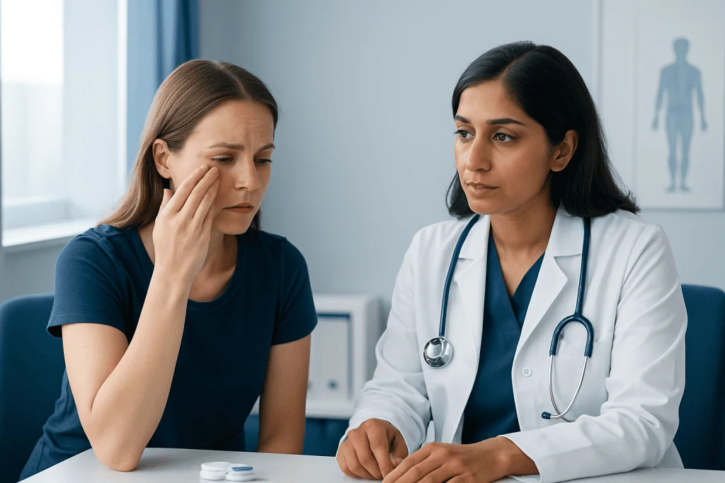 Patient experiencing eye discomfort during medical consultation at Acibadem Hospital.