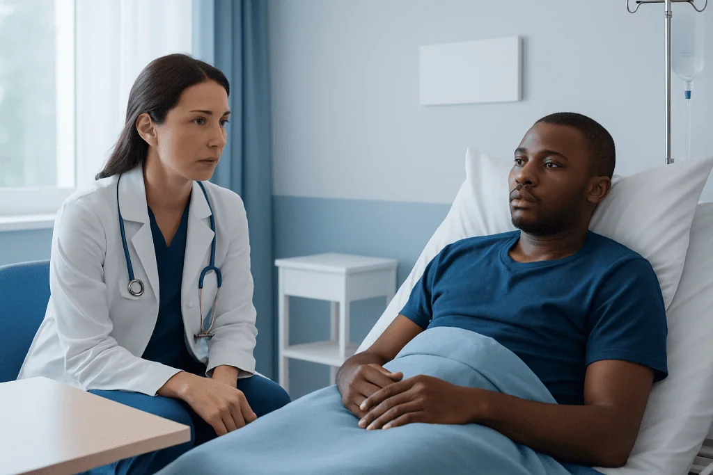 Doctor consulting with a patient in a hospital room.