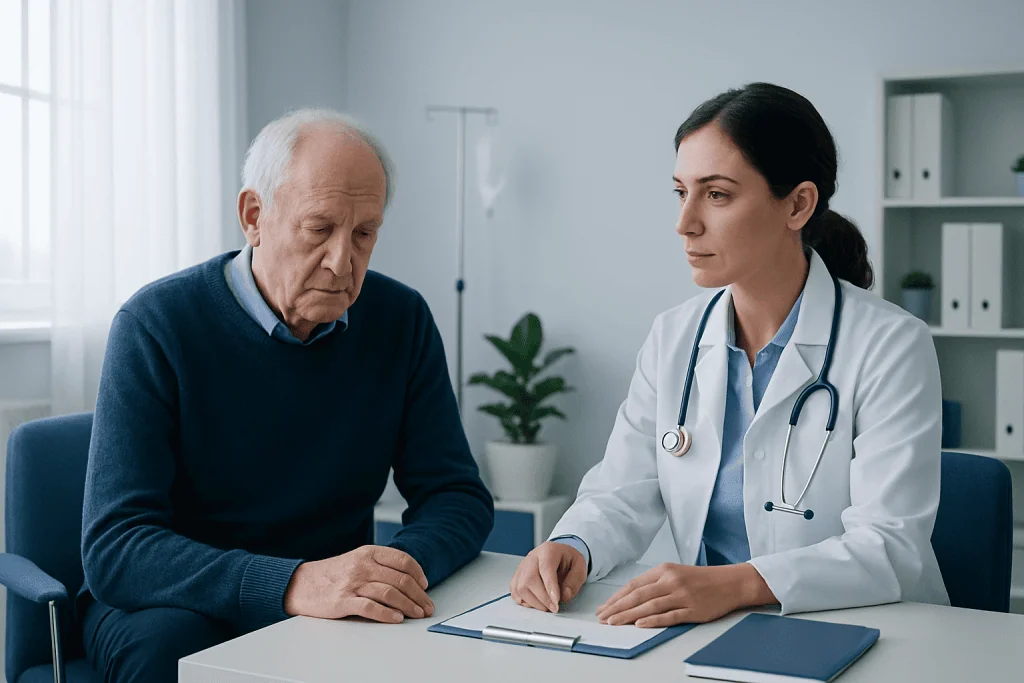 Doctor consulting with elderly patient in a hospital setting.