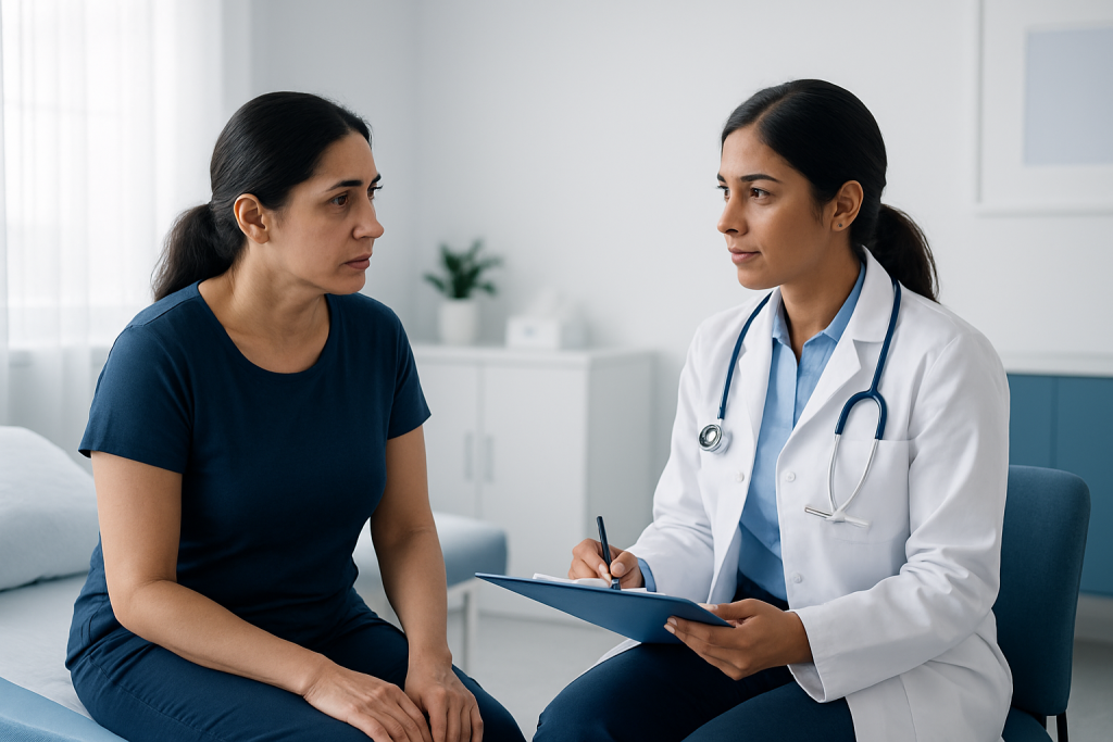 Doctor consulting with a female patient in a medical office.