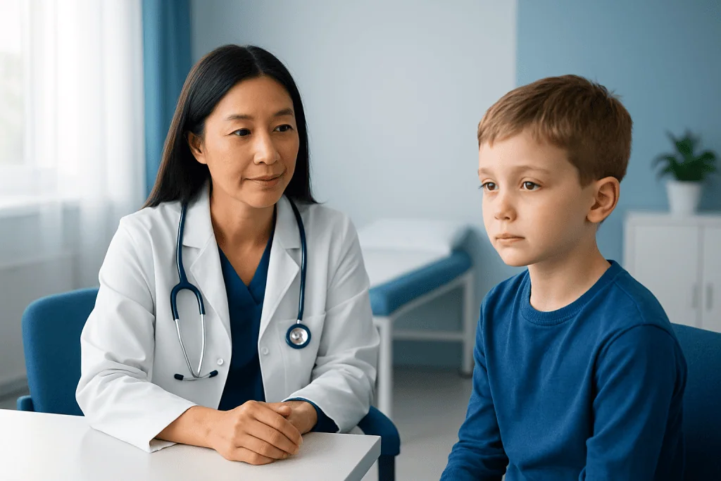Doctor consulting young boy in a medical office at Acibadem Hospitals Group.