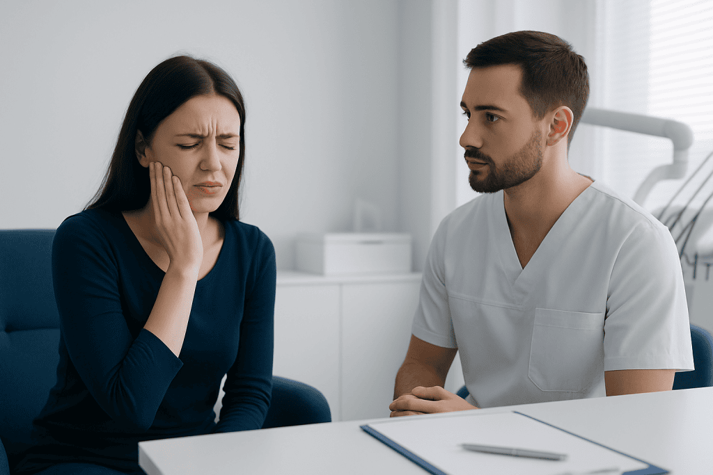 Patient experiencing tooth pain during dental consultation at Acibadem Hospital.