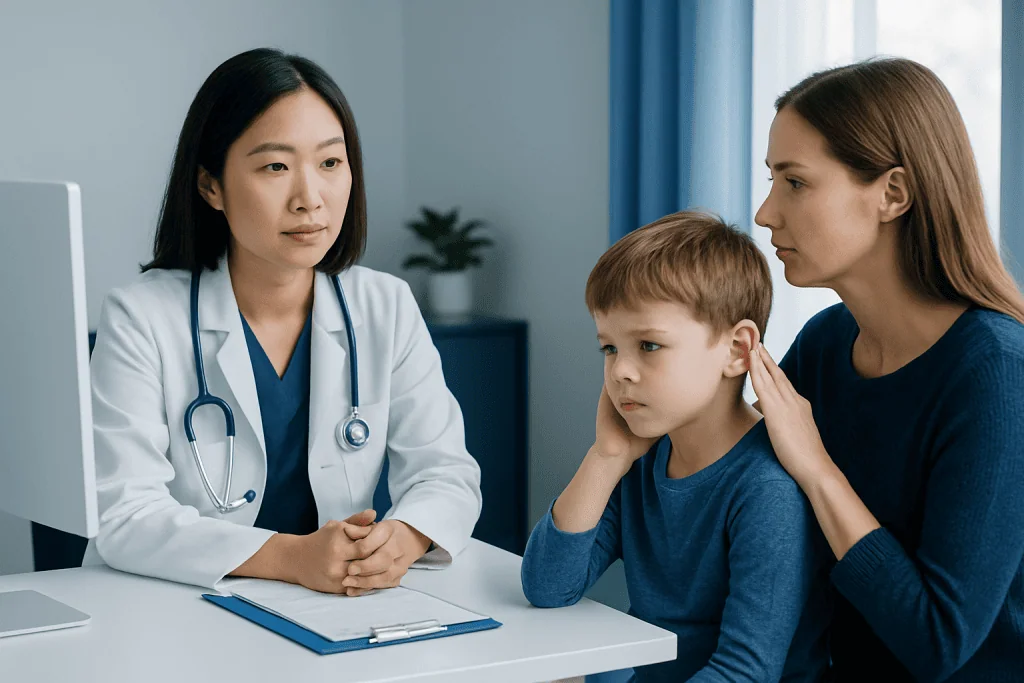 Doctor consulting with mother and child about ear infection treatment options.