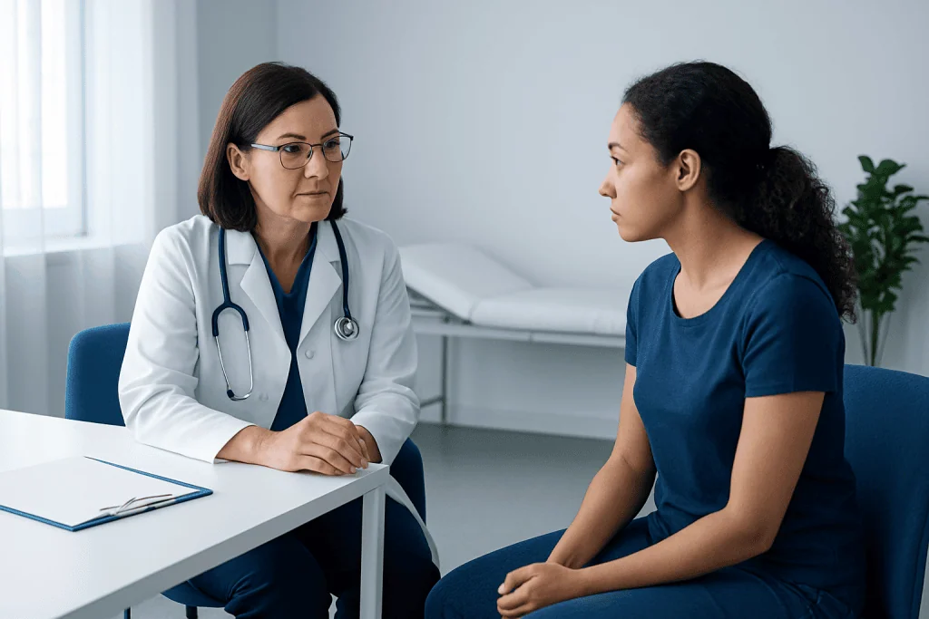 Doctor consulting with a young female patient in a medical office.