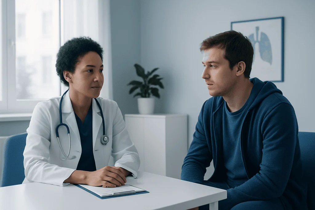 Doctor consulting with a patient in a modern medical office.