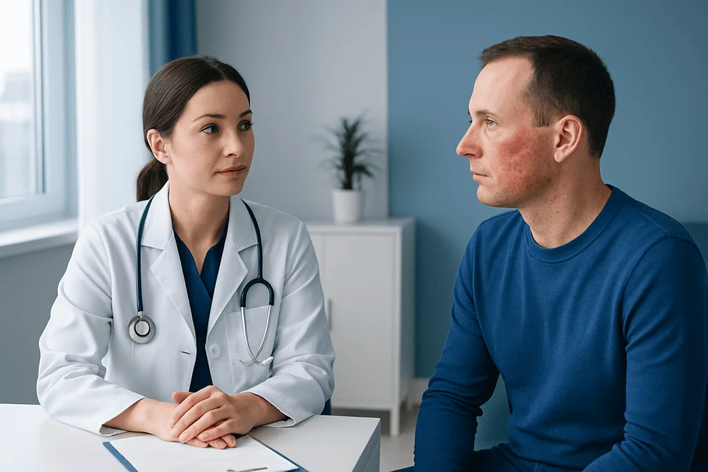 Doctor consulting with male patient in a medical office setting.