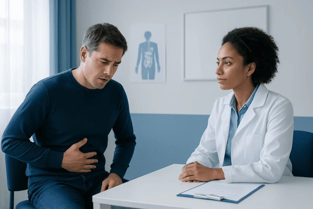 Patient experiencing stomach pain during medical consultation at Acibadem Hospital.