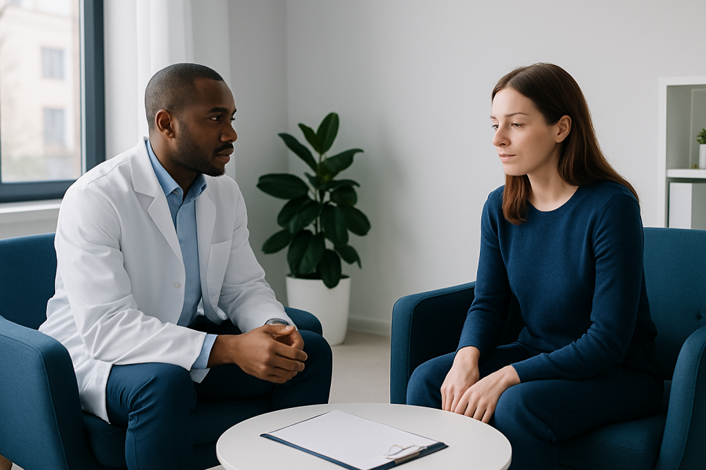 Doctor consulting with a female patient in a modern clinic setting.